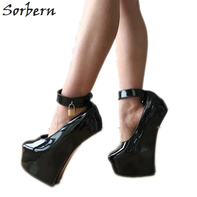 

Sorbern Sexy Fetish Heelless Pumps Locks Ankle Strap Hoof Sole Platform Pump Lockable Padlock Strap Patent Black Shoes Women New