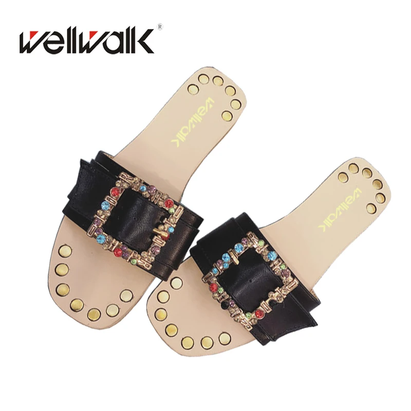 WELLWALK Для женщин тапочки леди обувь на плоской подошве квадрат ног Летняя 2018