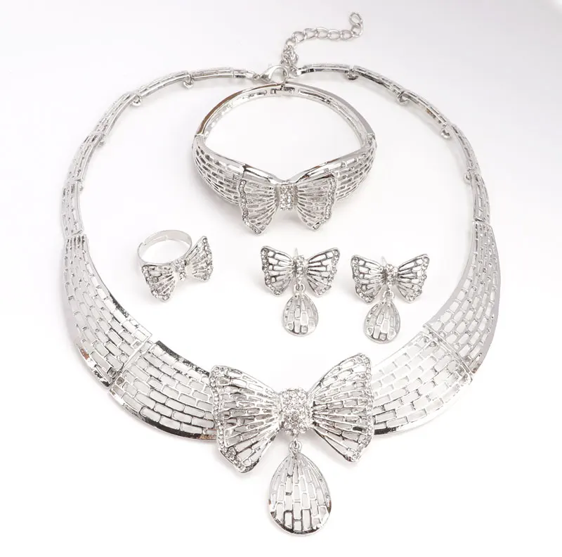 Fashion Silver Plated Jewelry Sets For Women Crystal Butterfly Pendant Necklace Earring Jewellery Set Bridal Wedding Accessories | Украшения