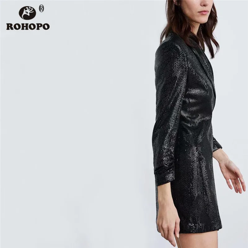 ROHOPO Black Polk Dot Sequined Straight Mini Dress Lantern Long Sleeve Autumn Notched Collar Vintage Tunic Dresses #HY8659 | Женская
