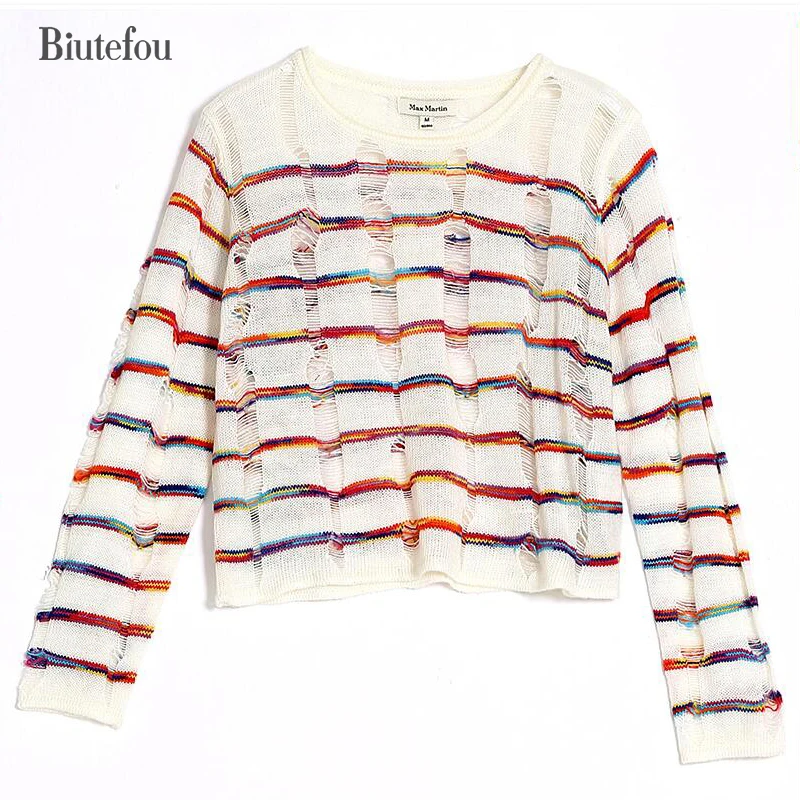 Biutefou осень 2017 г. новый в радужную полоску полые Тонкий свитер с длинным рукавом