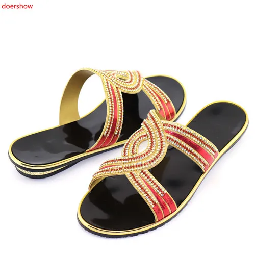 

doershow Nice looking RED women sandals with rhinestone design african black low heel shoes for dress HFF1-2