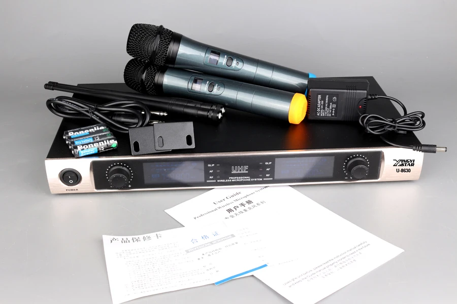 Профессиональный UHF Беспроводной микрофон караоке Системы двойной ручной микрофон передатчик КТВ 2 канала аккумуляторный светодиодный Майк с приемником