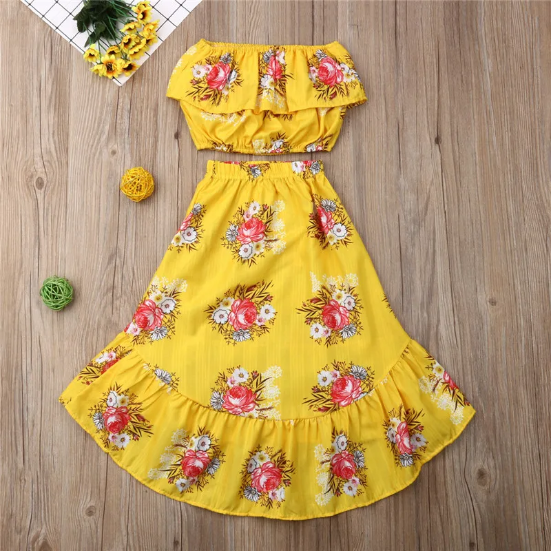 Boho/летняя детская одежда с цветочным рисунком для маленьких девочек Топы без бретелек открытыми плечами и