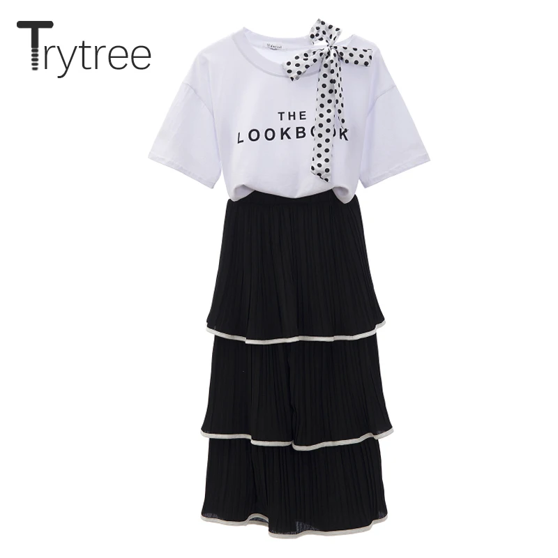 Trytree Лето Женский костюм из двух предметов повседневное точка лук ленты топ + юбка