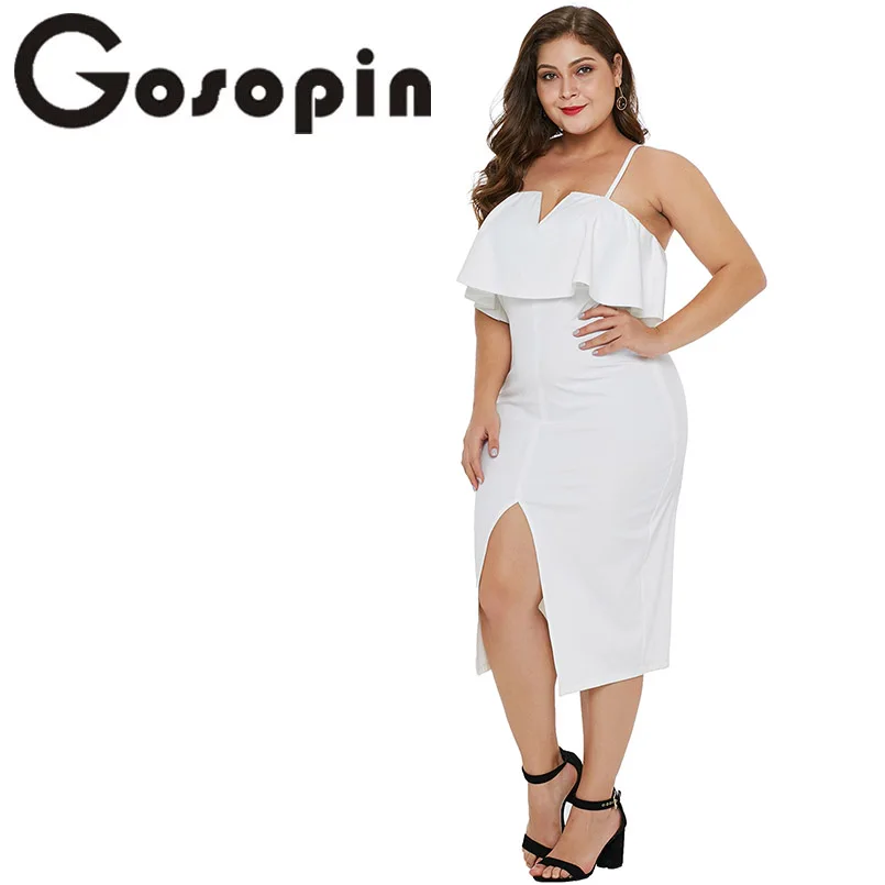 Gosopin Slit Plus Size Dress Ruffle Sexy Women Summer 2019 Elegant Party Ladies Fashion Spaghetti Strap Dresses LC610931 | Женская
