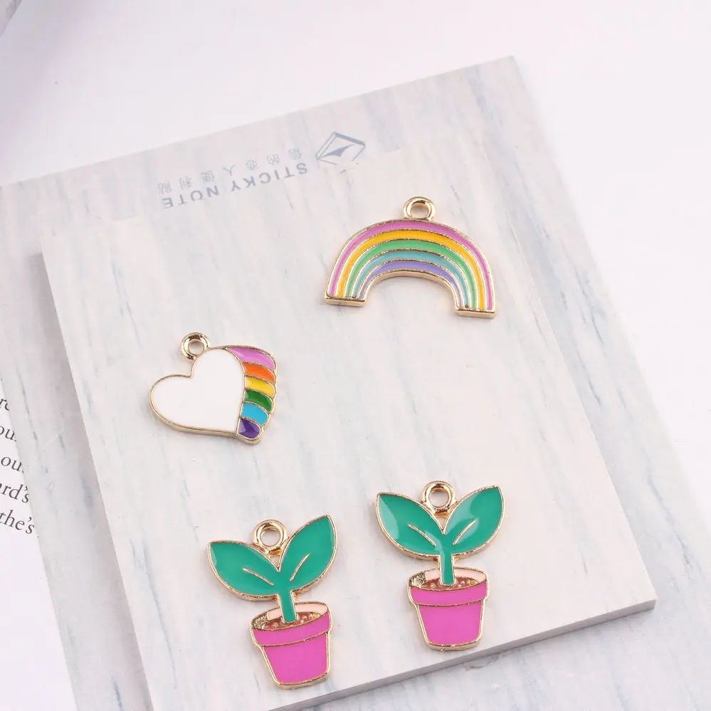 

10 PC/Lot Gold Color Tone Cute Love Heart Potted Plant Rainbow Enamel Charm Pendants for Bracelet Earring Keychain