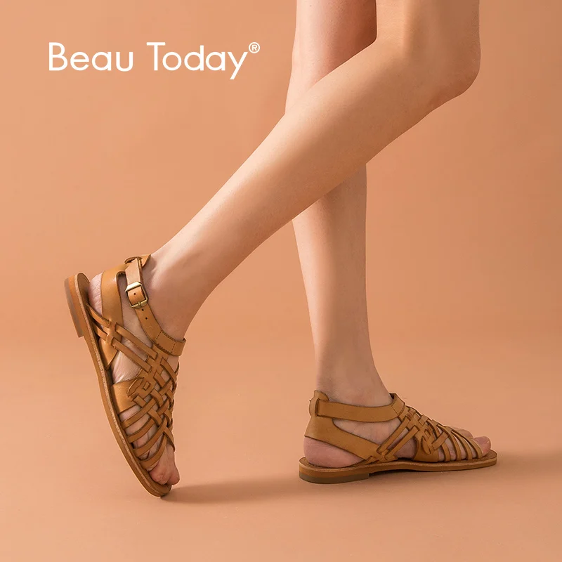Женские сандалии гладиаторы BeauToday из коровьей кожи на плоской подошве с пряжкой летние туфли ручной работы