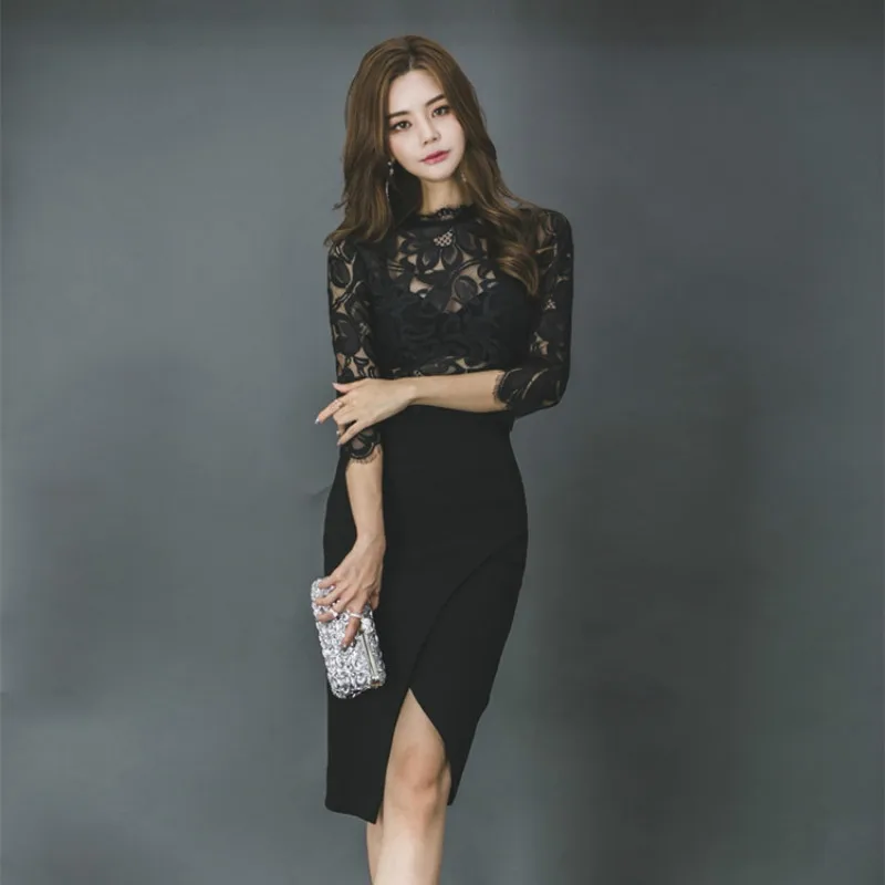 

Solid Women Asymmetrical Dress 2019 Summer Plus Size Black Three Quarter Sleeve O-neck Elegant Lace Dress Vintage Party Dresses