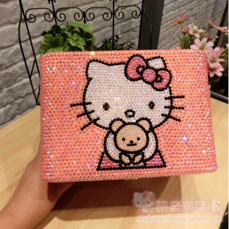 Полностью ручная работа Hello Kitty со стразами деревянная коробка для украшений с замком Многослойные контейнеры для хранения бусин органайзер для ящиков
