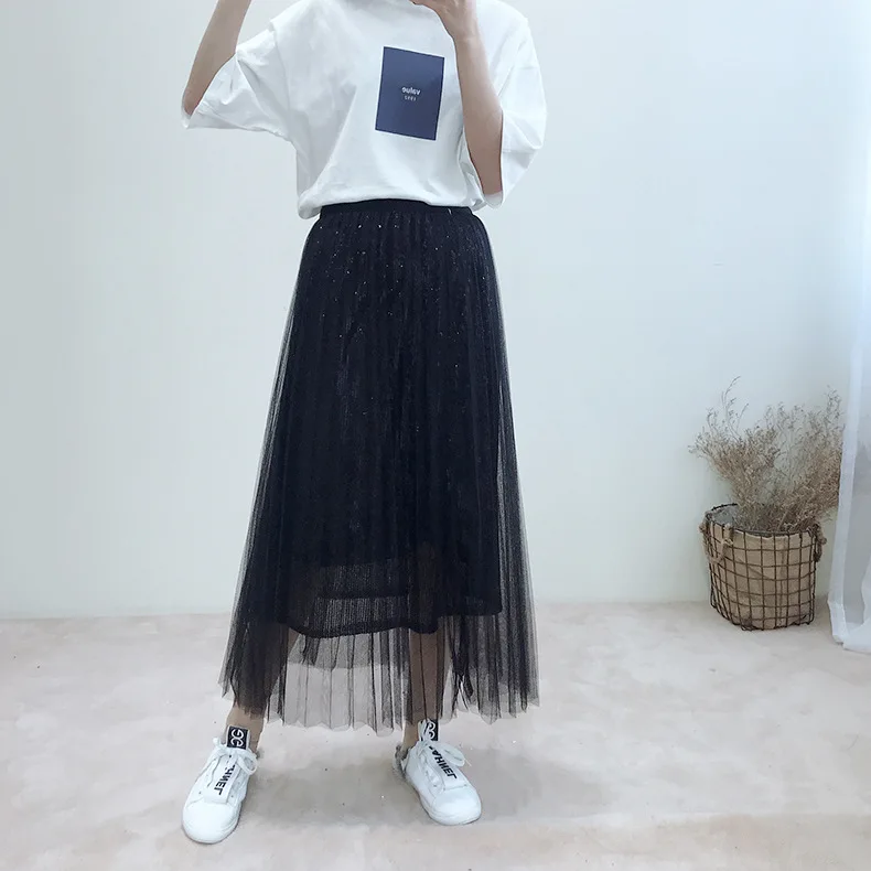 ALPHALMODA, Весенняя юбка макси, модная, расшитая блестками, газовая юбка, одноцветная, высокая талия, блестящая, с блестками, стильная, трендовая юбка