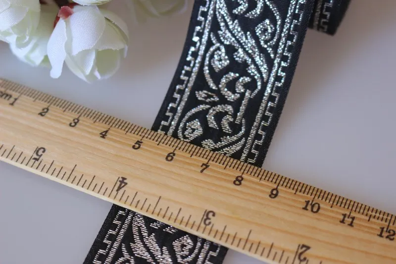 Тканая жаккардовая лента 3 см черный фон серебристый рисунок 10 ярдов/партия | Дом