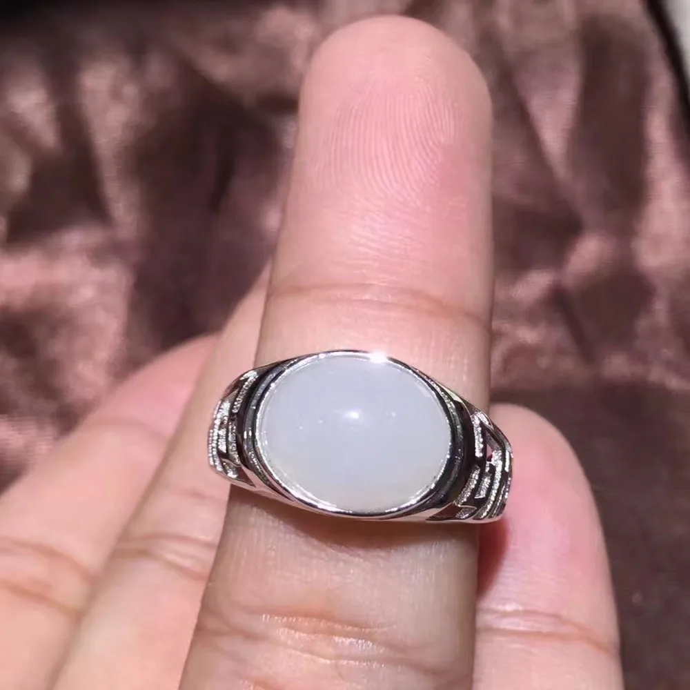 Natural white jade gem Ring Natural gemstone Ring 925 sterling silver Retro identity Hollowed round Men male women party Jewelry