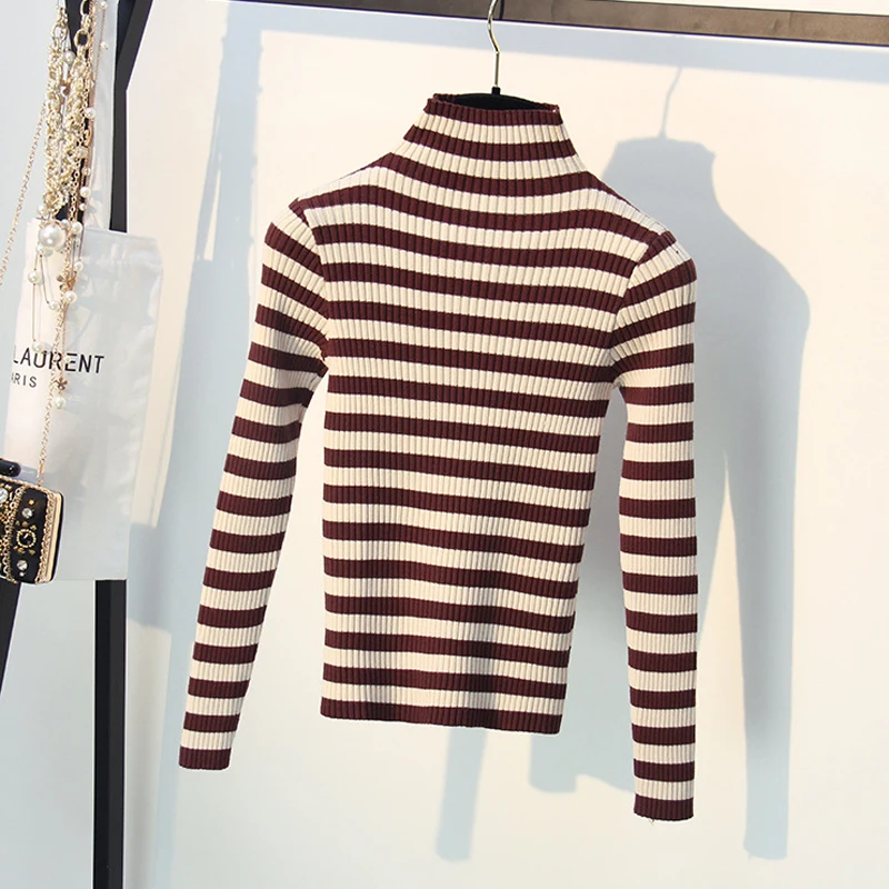 Autumn Winter Turtleneck striped Sweater Women Knit Casual Pullovers Long Sleeve high Elasticity female Cashmere sweater basic | Женская
