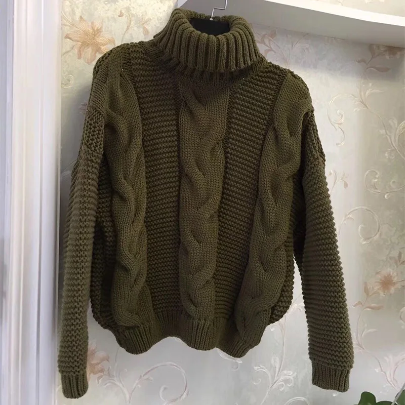 Army Green Женский вязаный свитер с высоким воротом, трикотажный розовый желтый пуловер с длинными рукавами, женские зимние теплые свитера, джемпер - Цвет: Army Green