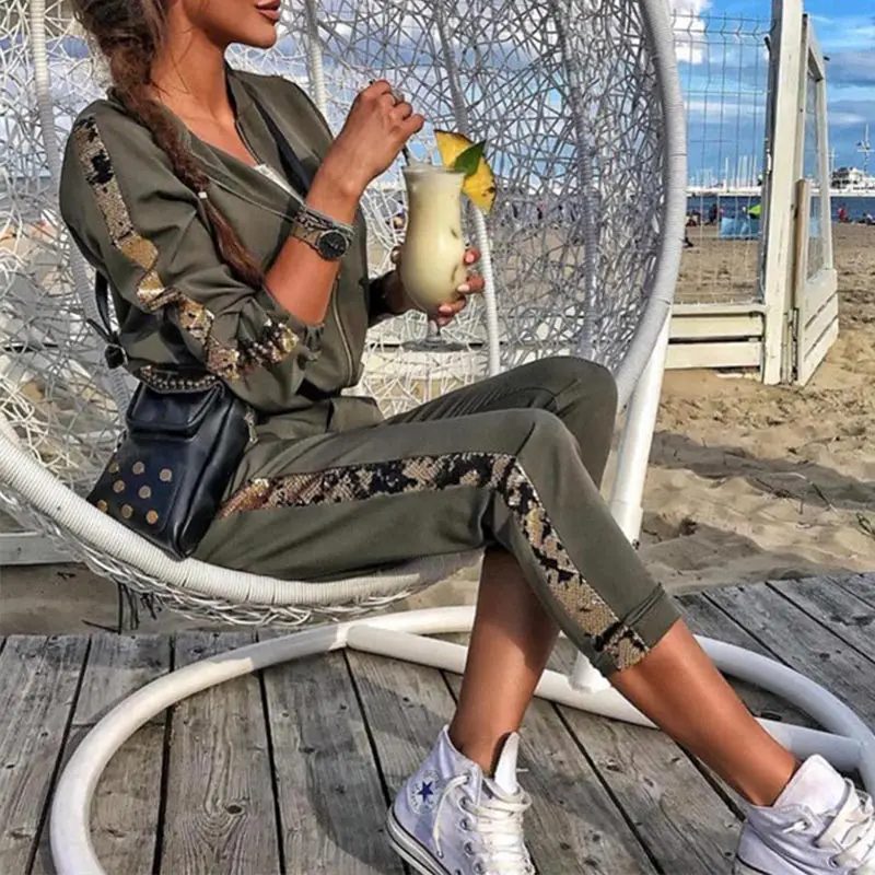 Side Sequined Tracksuit For Women Two Piece Set Autumn Zipper Long Sleeve Patchwork Sports Streetwear Women's Tracksuits