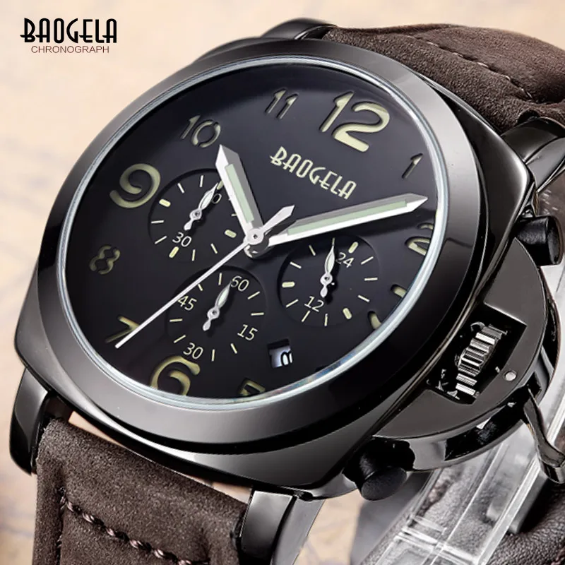 

Baogela Mens Brown Leather Strap Chronograph Luminous 24 Hours Date Indicator Quartz Wrist Watches