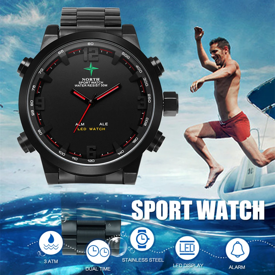 NORTH Men's Watches LED Military Digital Sports Quartz Watch Fashion Waterproof Stainless Steel Clock | Наручные часы