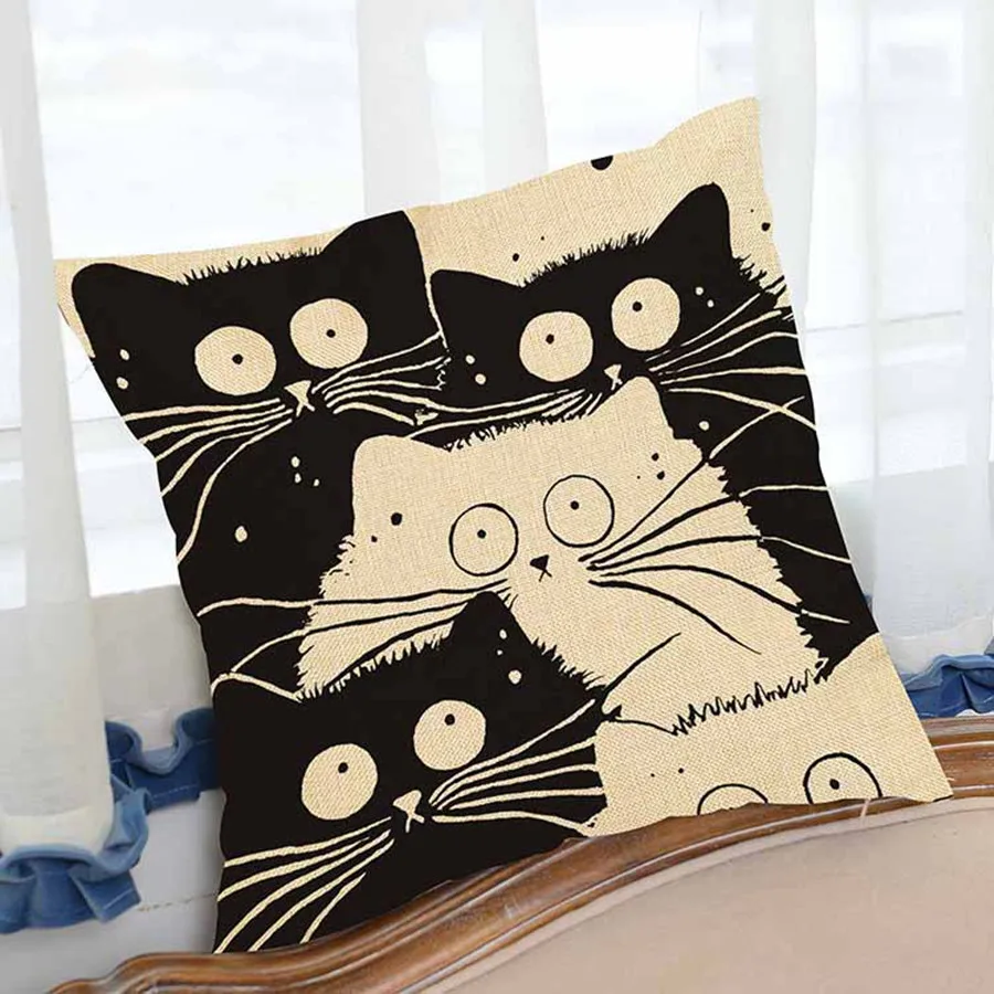 Квадратная черно-белая декоративная льняная подушка в виде кошек 18 дюймов | Дом и