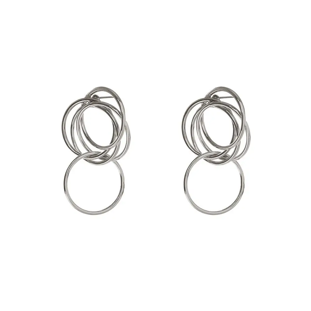 Silver Color Креативные полые геометрические витые серьги-гвоздики с несколькими круглыми кругами для женщин, винтажные металлические серьги-гвоздики для ушей, ювелирное изделие в подарок - Окраска металла: Silver Color