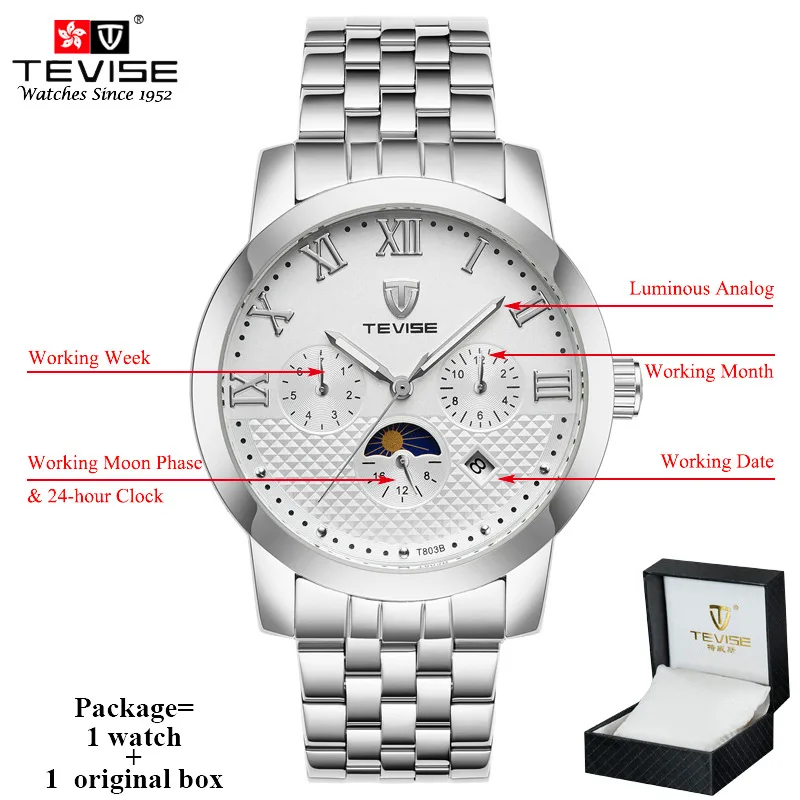 silver with box Tevise световой бизнес часы для мужчин Moon Phase авто деловые часы для мальчика подсветка выполните календари Дата Неделя DisplayT803B - Цвет: silver with box