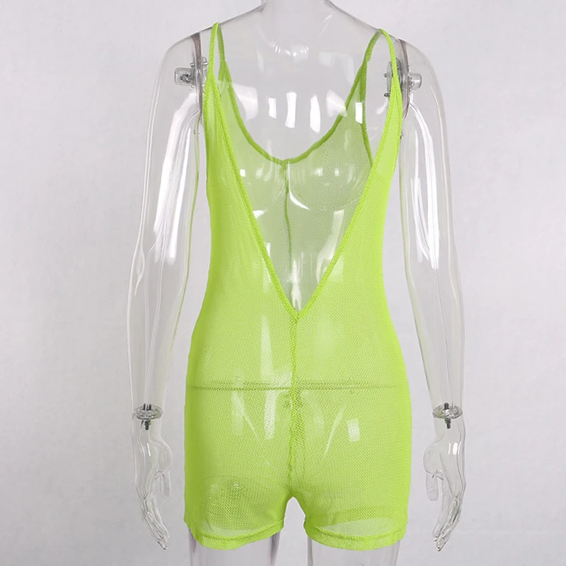 Sexy Backless Fishnet Playsuit Women Summer See-Through Mesh Romper Beach Casual Playsuits Spaghetti Strap Jumpsuits Overalls | Женская