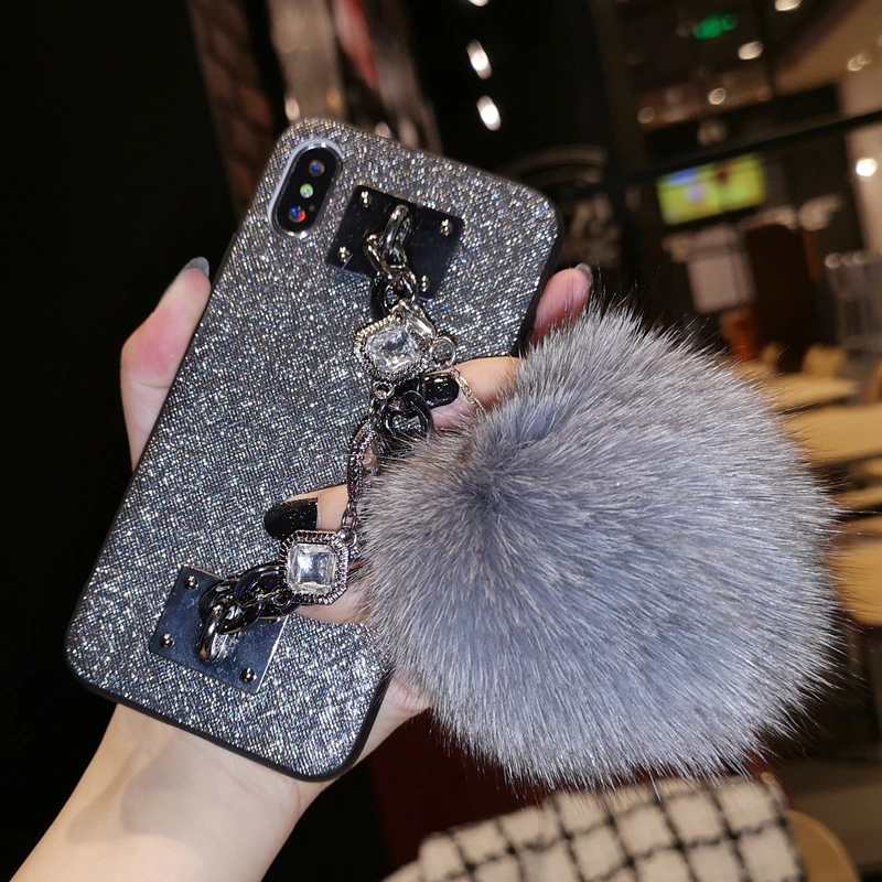 Роскошный чехол с браслетом цепочкой и бриллиантами для iphone XS MAX XR X пушистым