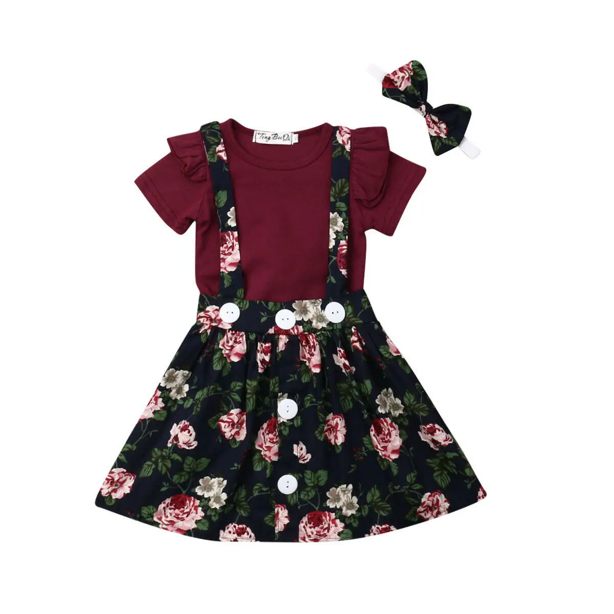 Navy Blue Милые комплекты одежды для новорожденных девочек комплект из 3 предметов, однотонный топ, комбинезон+ платье на подтяжках с цветочным рисунком+ повязка на голову, одежда для детей от 0 до 24 месяцев - Цвет: Navy Blue