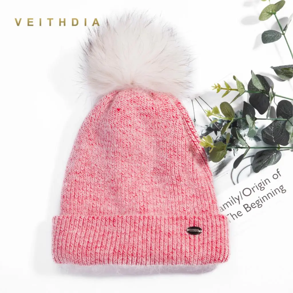 Женская вязаная шапка VEITHDIA двухслойная с кроличьим мехом Мягкая шерстяная