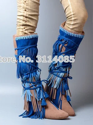 Женские замшевые сапоги на шнуровке коричневые или синие высокие до колена с