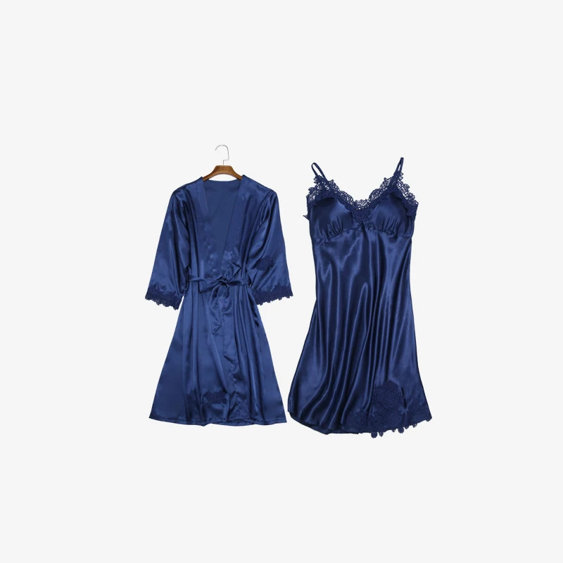 Blue 2 pcs Женские пижамные комплекты из 5 предметов, атласные шелковые полосатые пижамы из вискозы, женские сексуальные кружевные пижамы, комплекты ночного белья без рукавов - Цвет: Blue 2 pcs