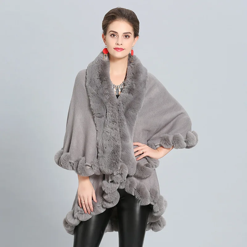 2018 Winter Warm Fake Fox Fur Long Knitted 2 Layer Solid Poncho Cape Cloak Oversize Sweater Women European Cardigan Coat |