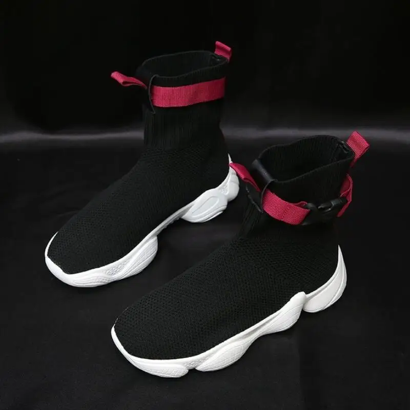 Женские кроссовки с высоким берцем белые вязаные вулканизированной подошвой