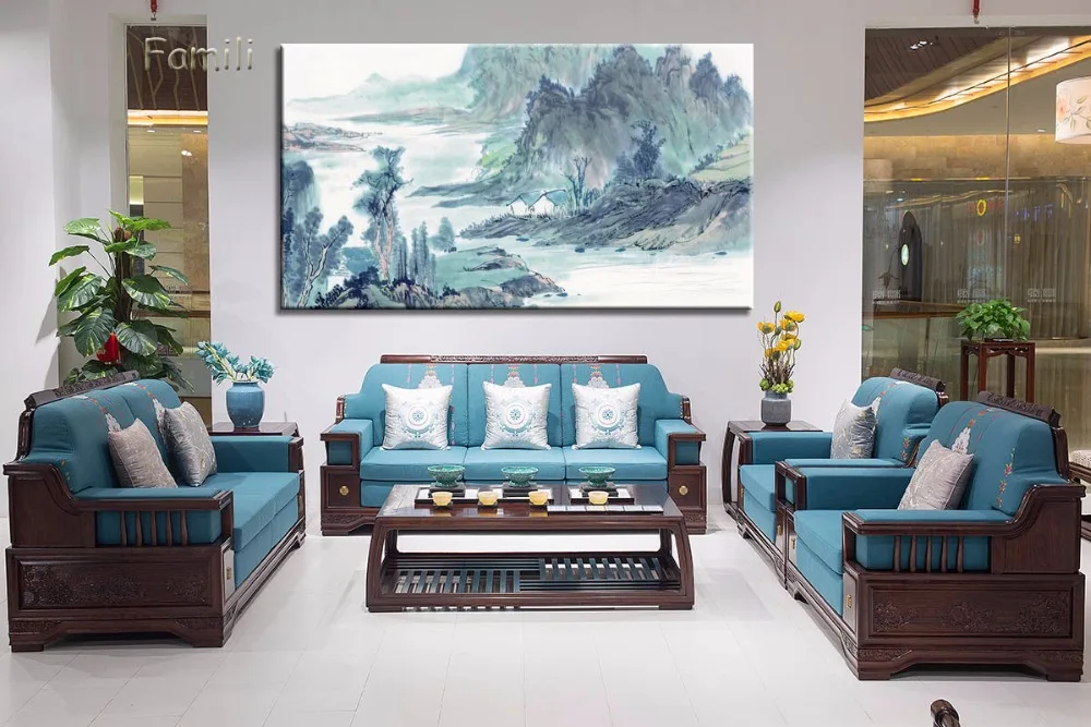 Китайские картины на холсте с изображением пейзажа цветка сливы и лодки