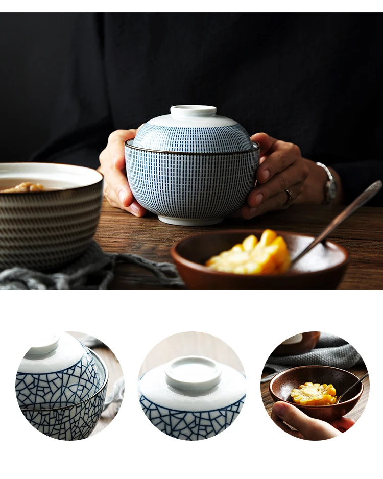 ANTOWALL японская HENGFENG 4,5 дюймов и 6,5 дюймов керамическая миска для супа с крышкой синяя и белая миска для риса тушеная мисо супница
