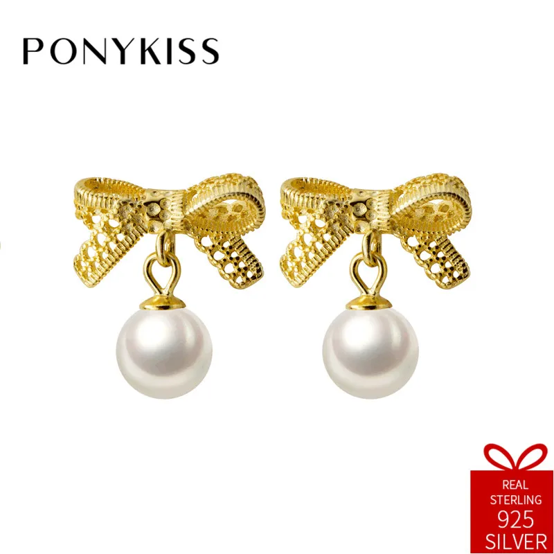 Серьги подвески PONYKISS женские из серебра 925 пробы с золотым бантом и