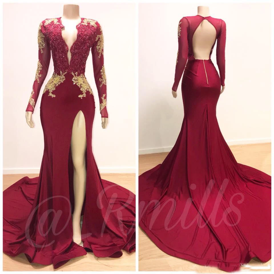 Sexy Gold Appliques Burgundy Mermaid Prom Dresses 2019 Deep V Neck Backless Split Evening Gowns Long Sleeves Vestidos | Свадьбы и