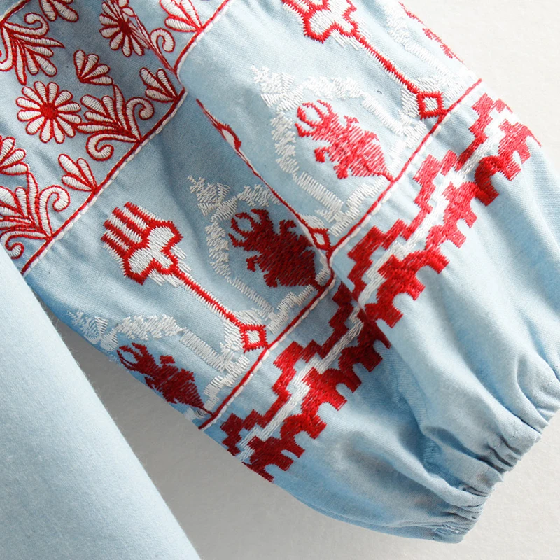 Бохо Вышивка Блузка цветок в богемном стиле длинные блузки из хлопка с круглым