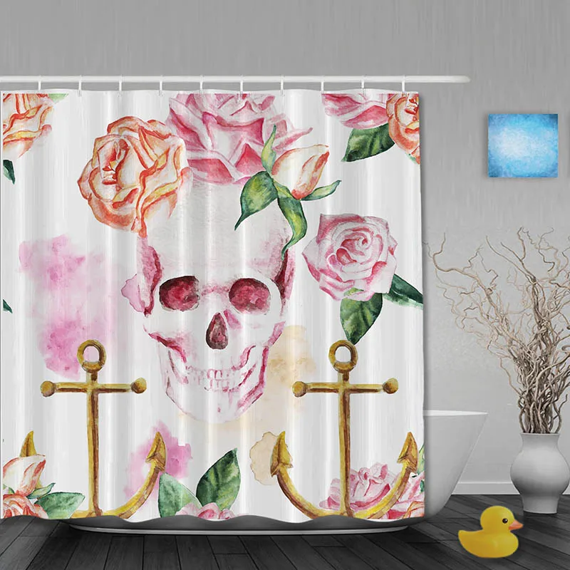 Винтаж череп душ Шторы деревенский якорь Роуз Ванная комната Занавески для душа