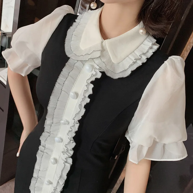 Женское лоскутное облегающее платье классическое летнее с круглым воротником и