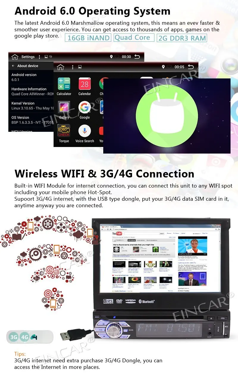 1 DIN Android 6 0 Автомобильный стерео приемник Bluetooth gps навигация Wi Fi Веб просмотр