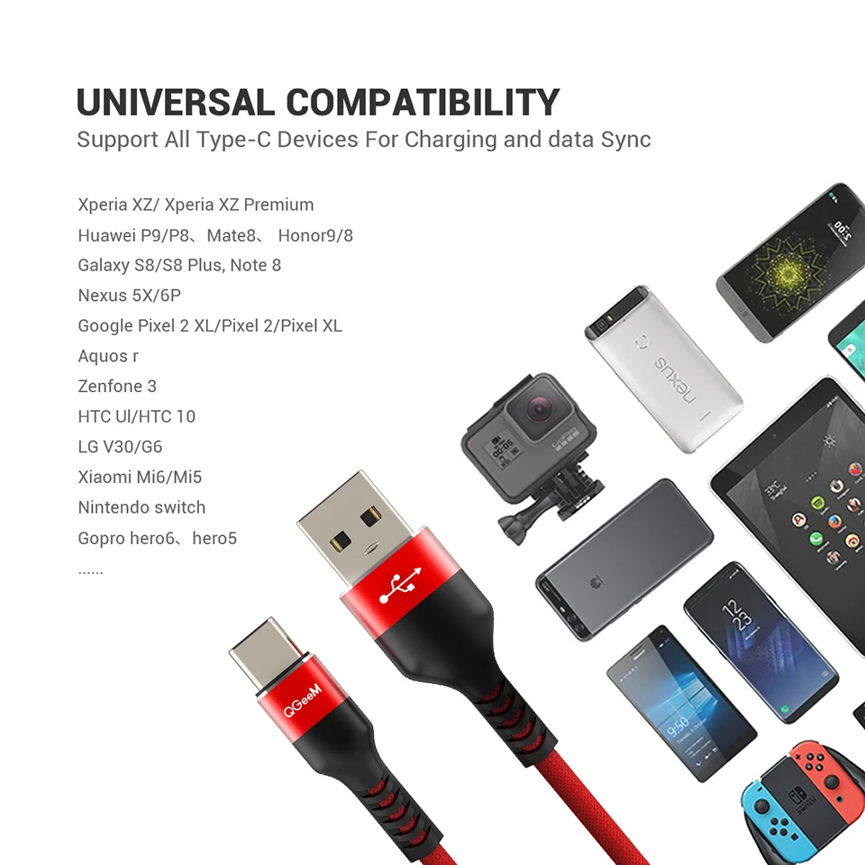 QGEEM usb type-C кабель USB-C для быстрой зарядки мобильных телефонов USB кабель для samsung Galaxy S9 huawei mate 20 Xiaomi usb type-C
