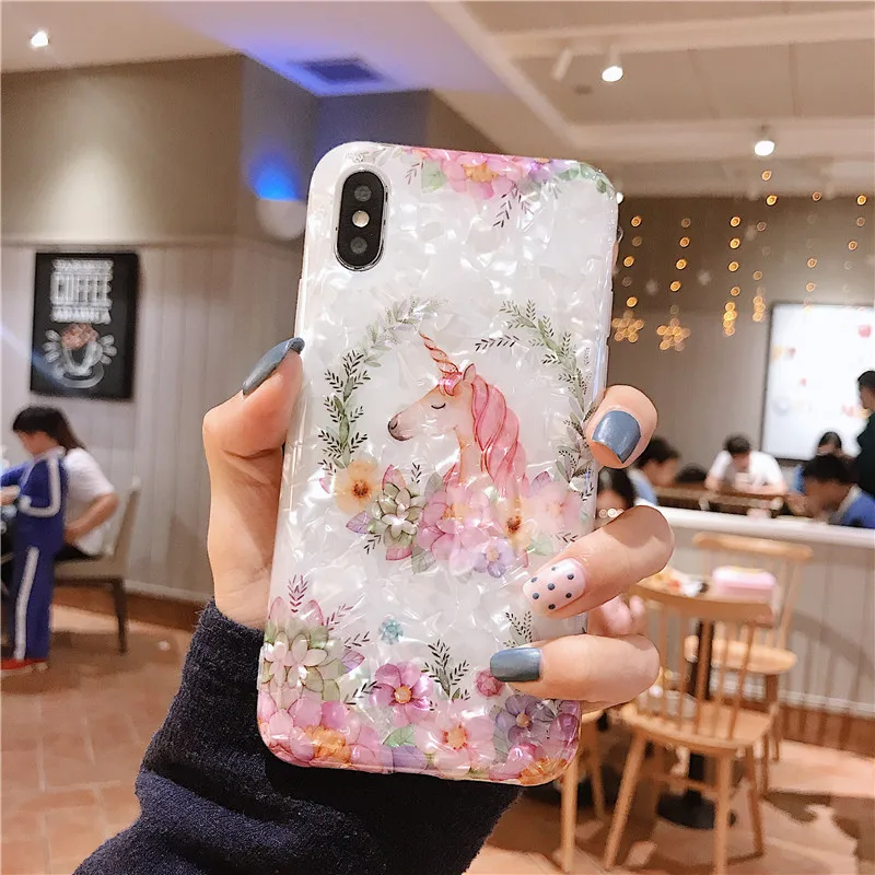 Цветной мраморный чехол для iPhone 7 8 Plus, эпоксидный силиконовый чехол с единорогом и блестящей раковиной из мягкого ТПУ для iPhone 6S Plus X XS XR Max