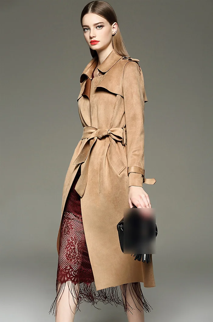 New Autumn Suede Trench Coat Women Mujer Long Elegant Outwear Female Overcoat Slim Red Suede Cardigan Trench