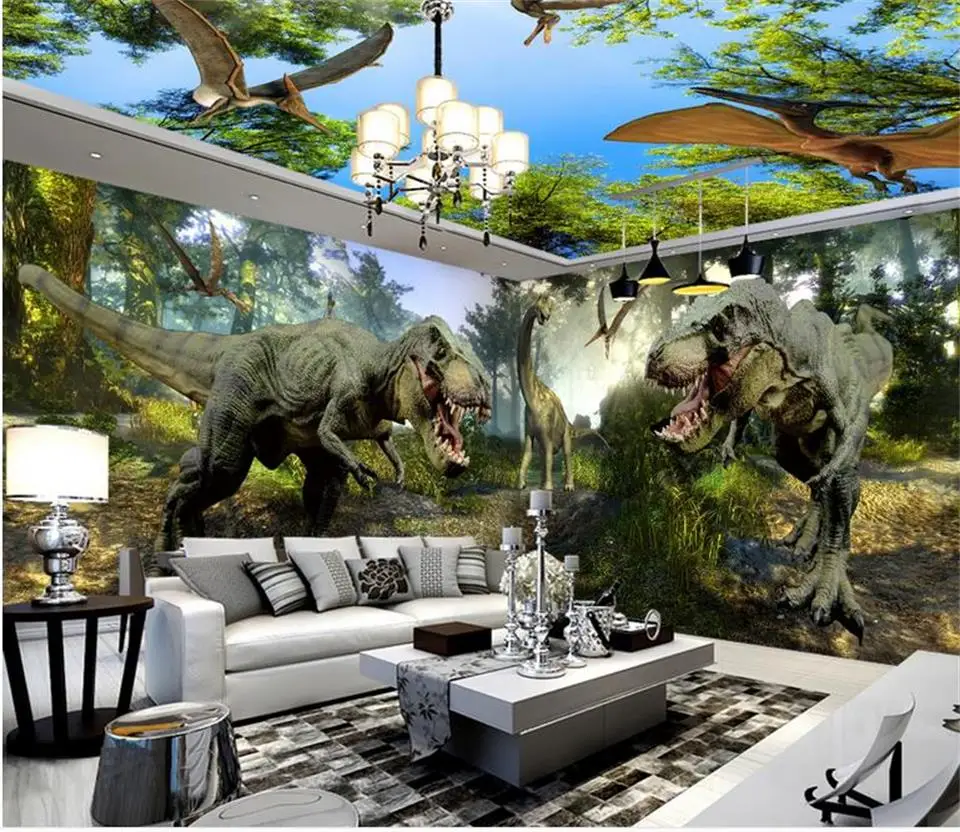 3d обои фотообои на заказ Фреска комната Юрского периода динозавры живопись фон