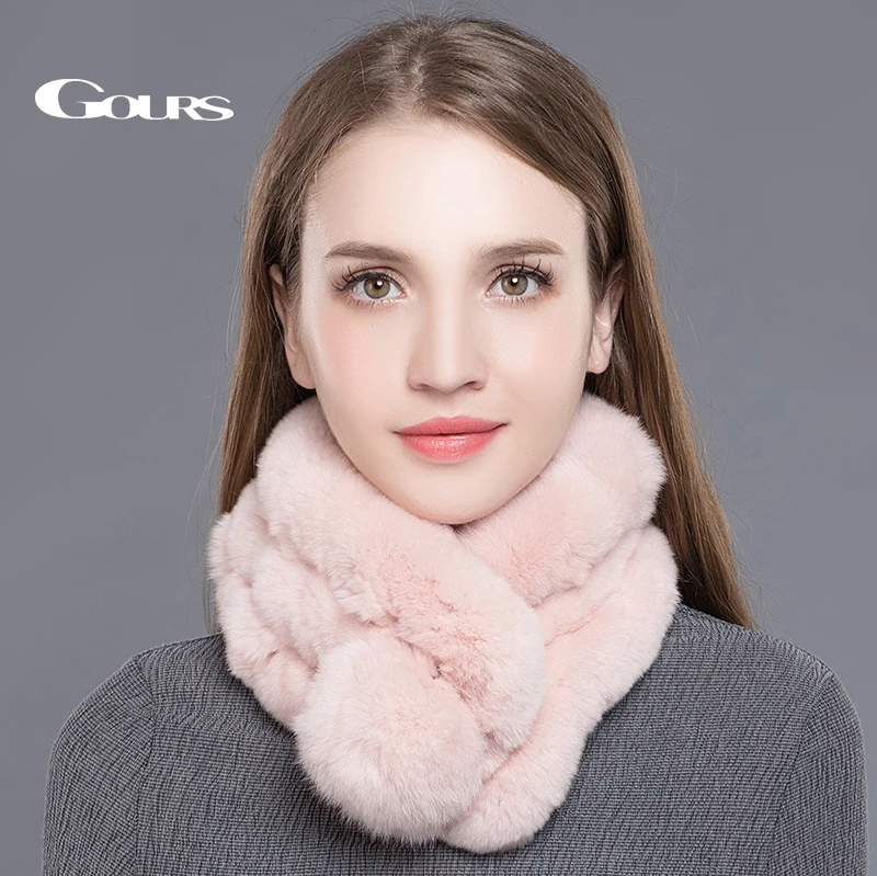 

Gours Women's Real Fur Scarf High Quality Luxury Big Rex Rabbit Fur Scarves Thick Warm Winter Fashion Brand New Arrival GLWJ005