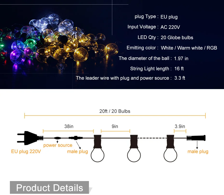 20Ft 6cm Bulb Globe String Lights With Clear Bulb Backyard Patio Lights Vintage Bulbs Decorative Outdoor Garland Wedding A1