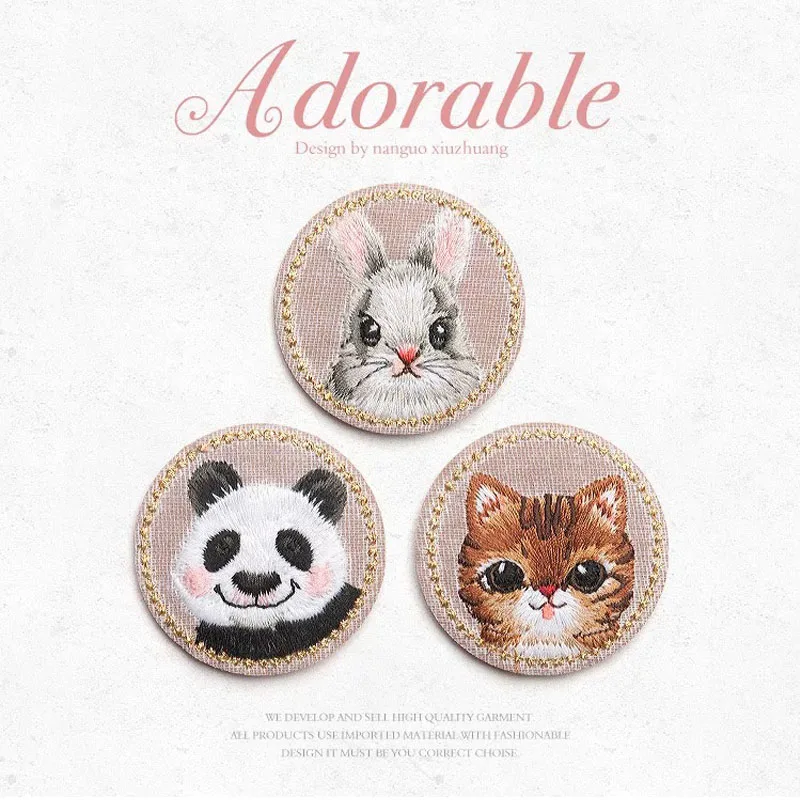 

3 pieces Three lovely round animals Panda cat rabbit child embroidered badge clothes patch decorative cloth sticker hole repair