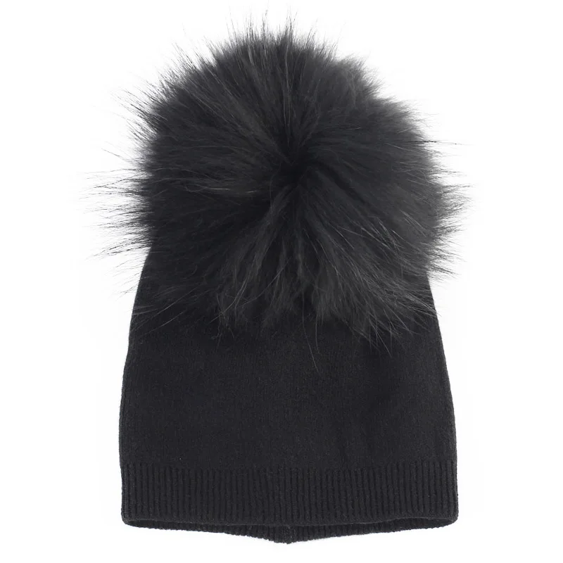 Geebro/Шапка-бини для новорожденных; Осенняя шерстяная шапка Skullies Beanies с помпоном из меха енота для мальчиков и девочек; объемная шапка с настоящим помпоном - Цвет: Black B