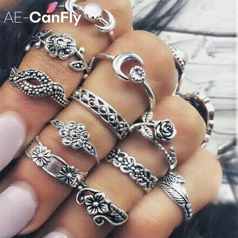 AE-CANFLY11pcs/набор колец для женщин в винтажном стиле с цветочным принтом Луна Звезды